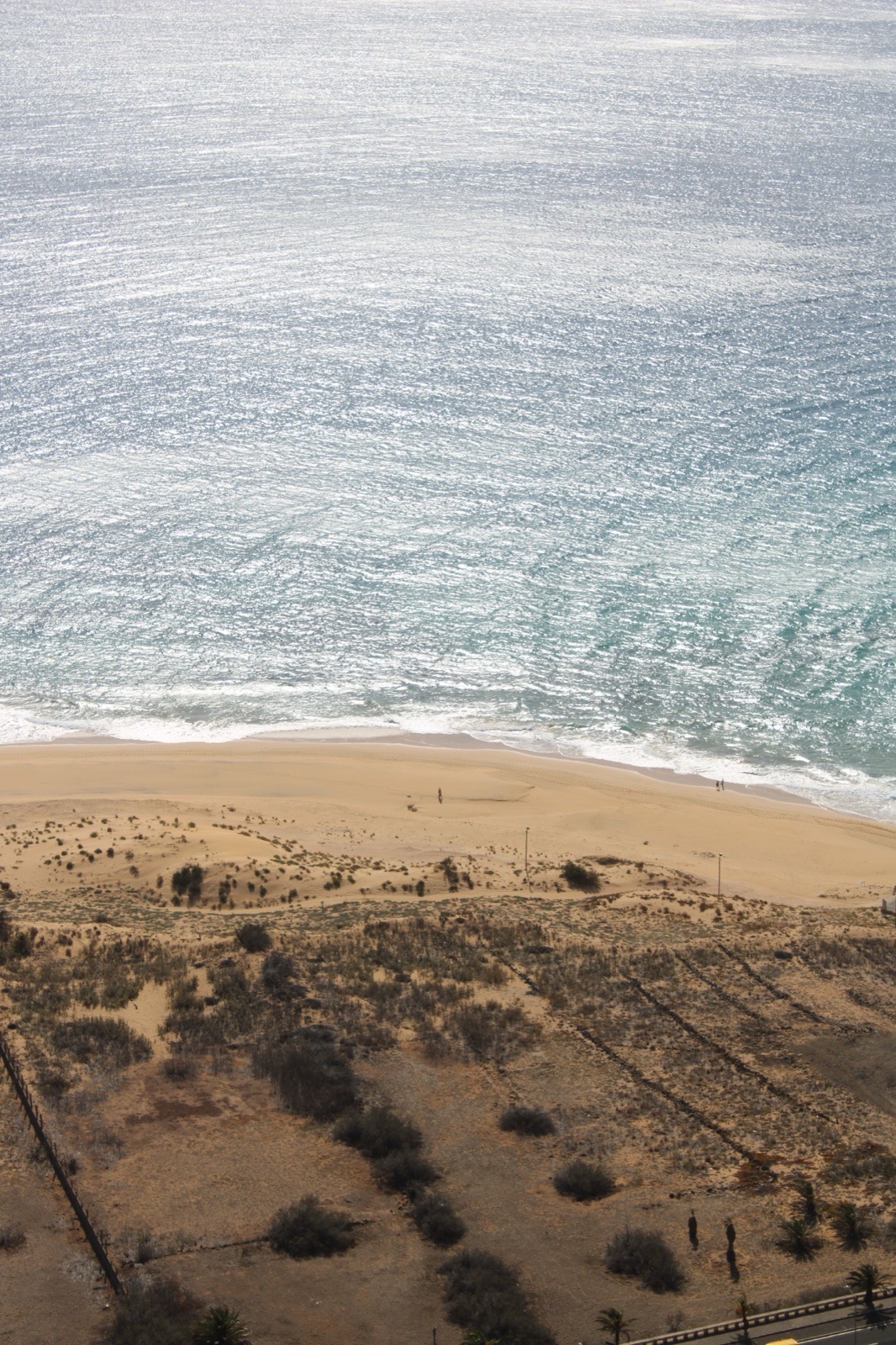 Looking down on Porto Santo from the hillside: pale gold sand running out of frame with three tiny figures on it, low dunes and dry scrub behind, and the Atlantic filling the top two thirds.